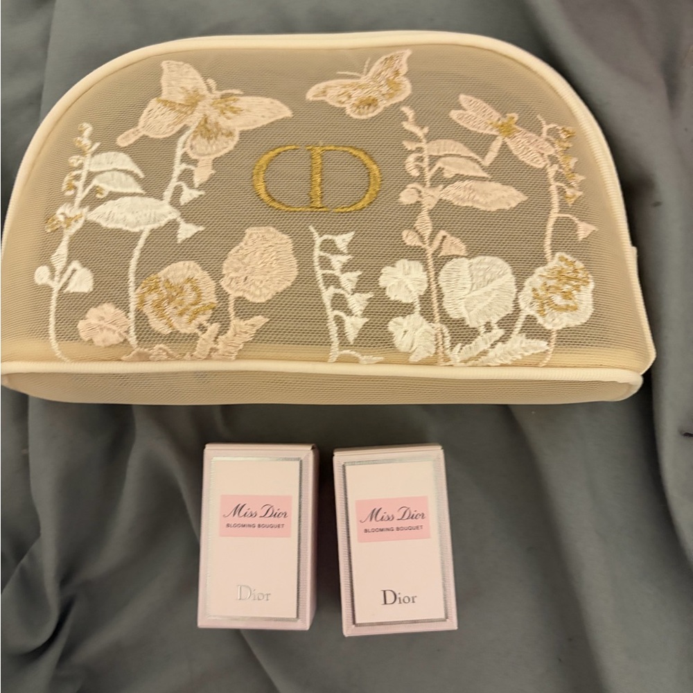 Dior Beige Floral Embroidered Bag with Miss Dior Set
